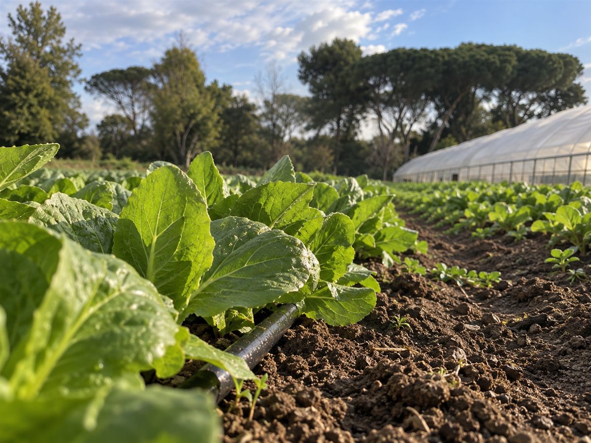 Filari di insalata in primo piano nel campo coltivato